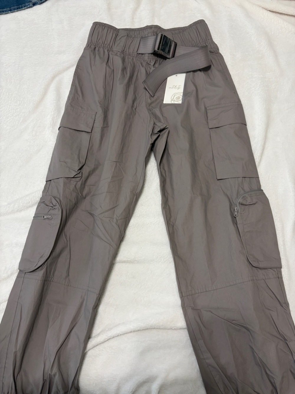 Women's Gray Cargo Pants with Belted Elastic Waist